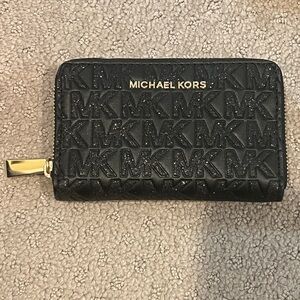 Michael Kors Glitter Black and Gold Zipper Wallet Small Card Case NWT